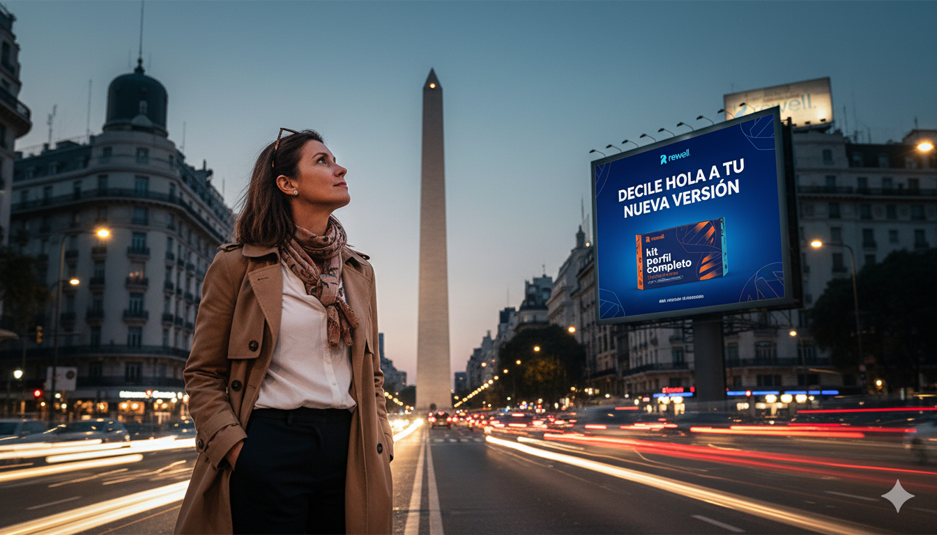Una mujer mirando un cartel de Rewell en la ciudad con el obelisco de fondo