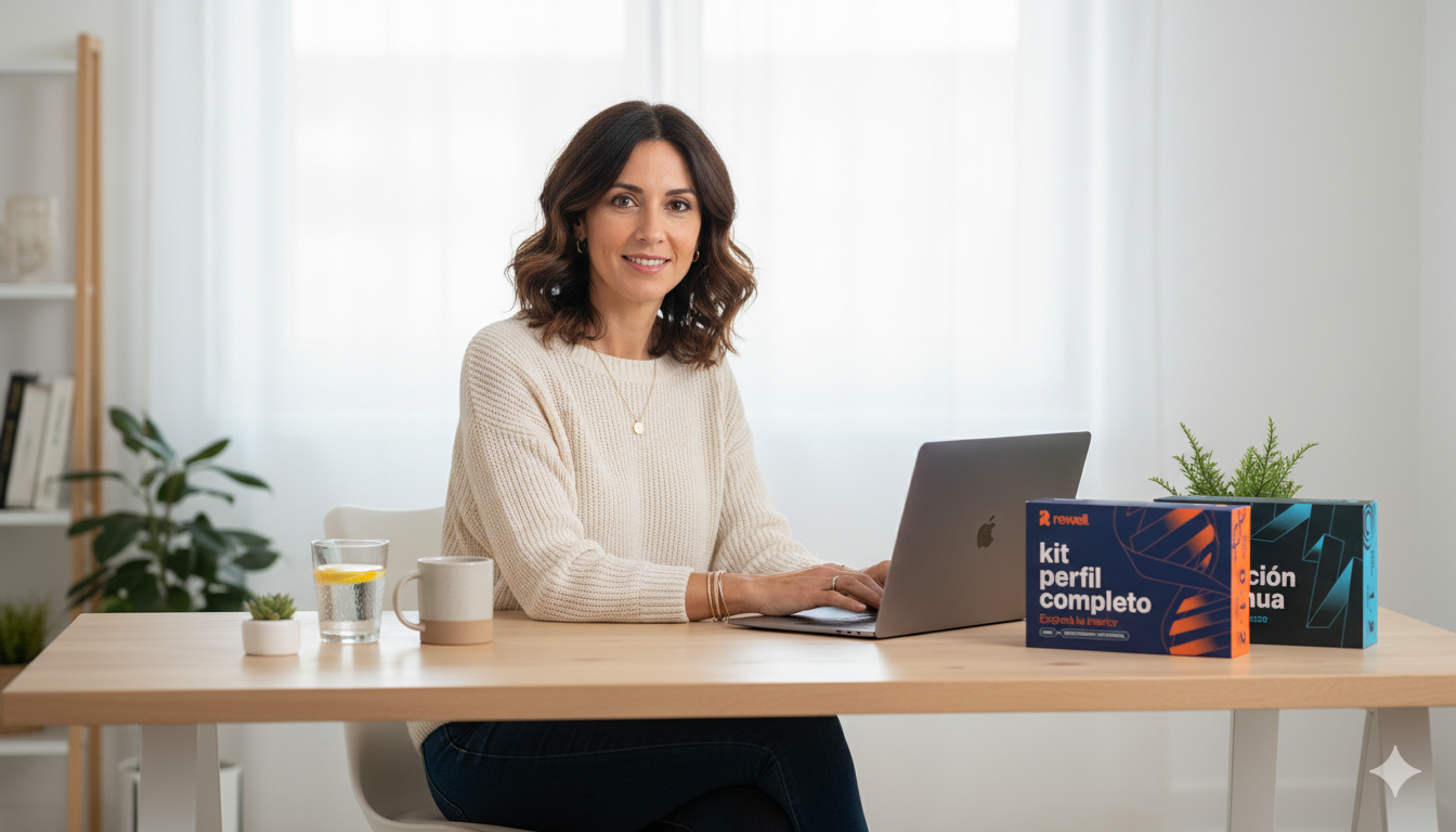 Científica de Rewell trabajando en su escritorio con los kits de perfil completo y evolución continua